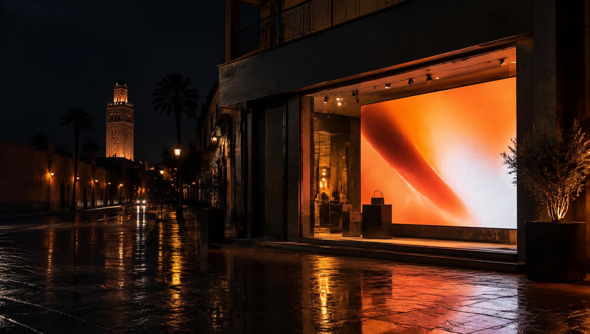 Illustration : vitrine de boutique équipée d’un grand écran LED allumé, la nuit
