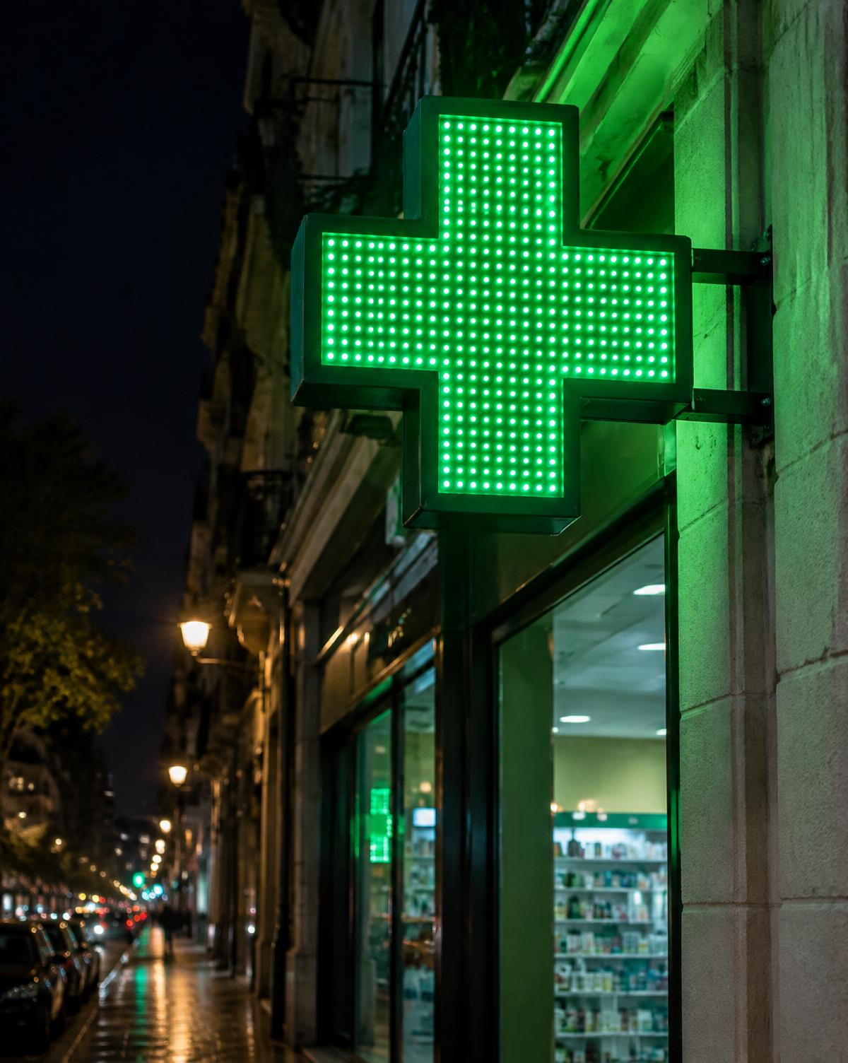 Illustration : croix de pharmacie LED verte allumée sur une façade de nuit