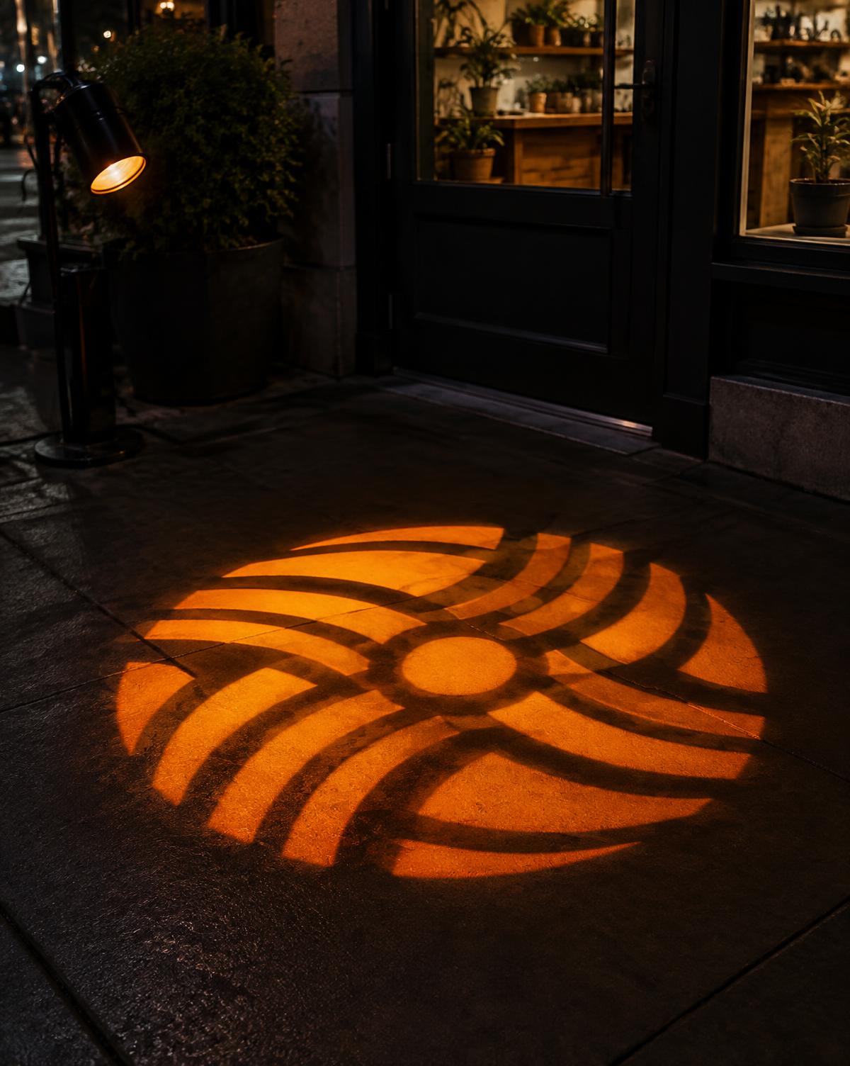 Illustration : motif lumineux orange projeté au sol devant l’entrée d’un commerce