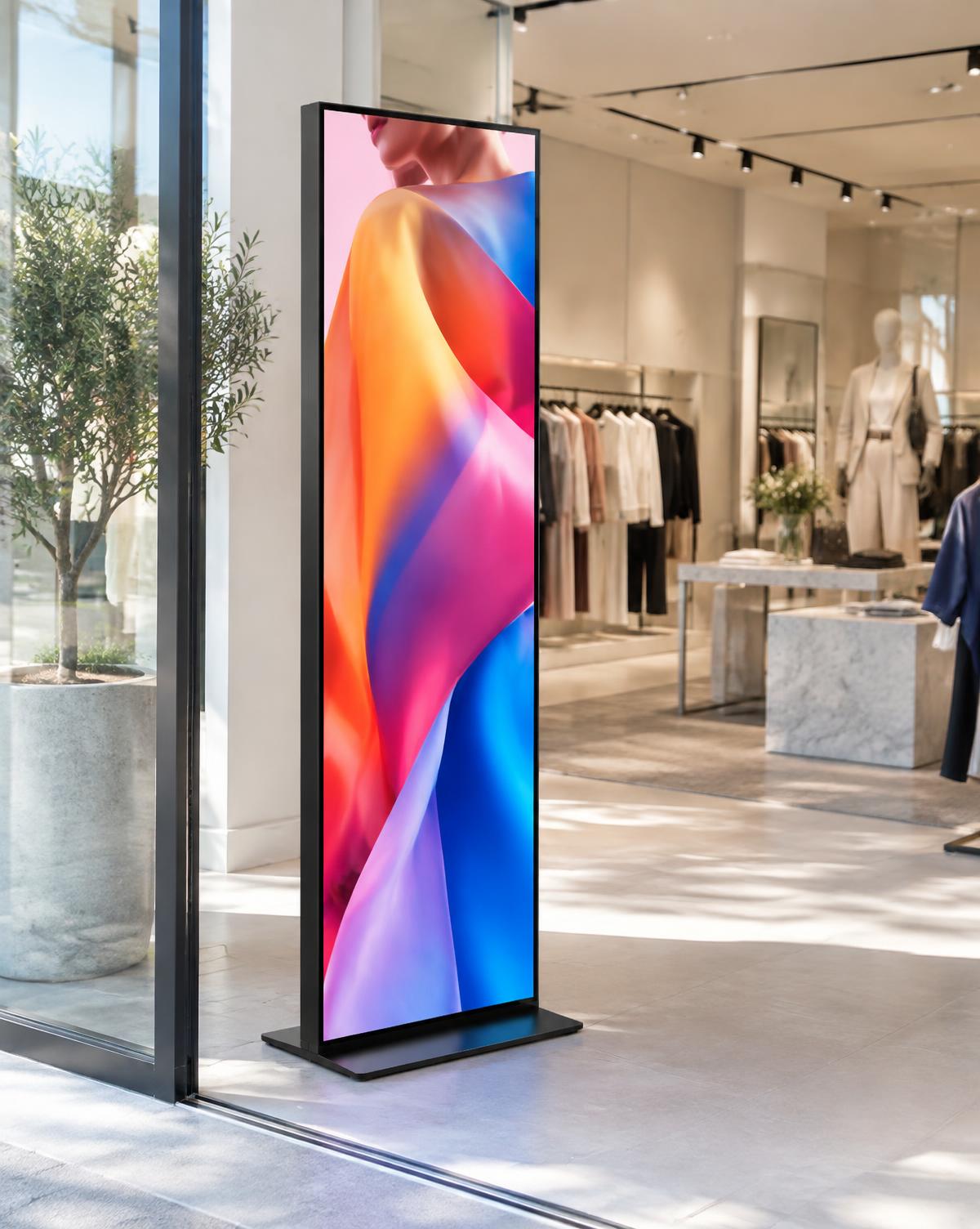 Illustration : totem d’affichage numérique allumé à l’entrée d’une boutique