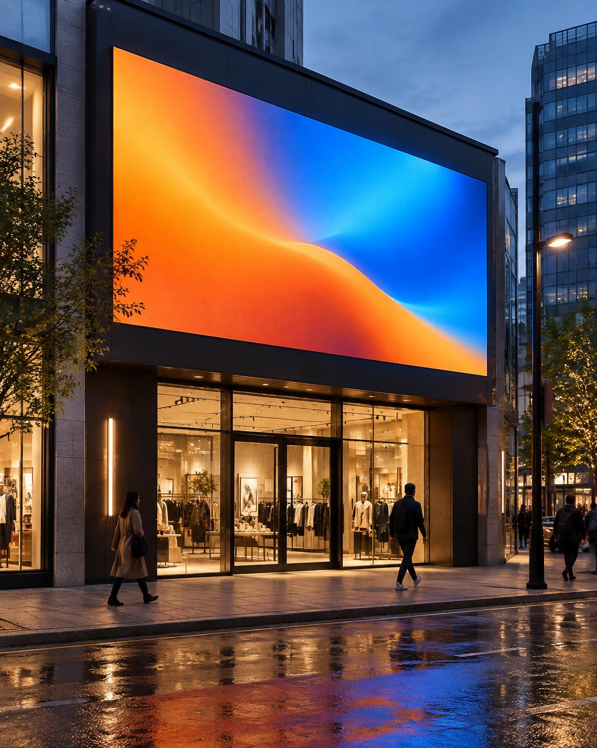 Illustration : grand écran LED allumé au-dessus de l’entrée d’une boutique