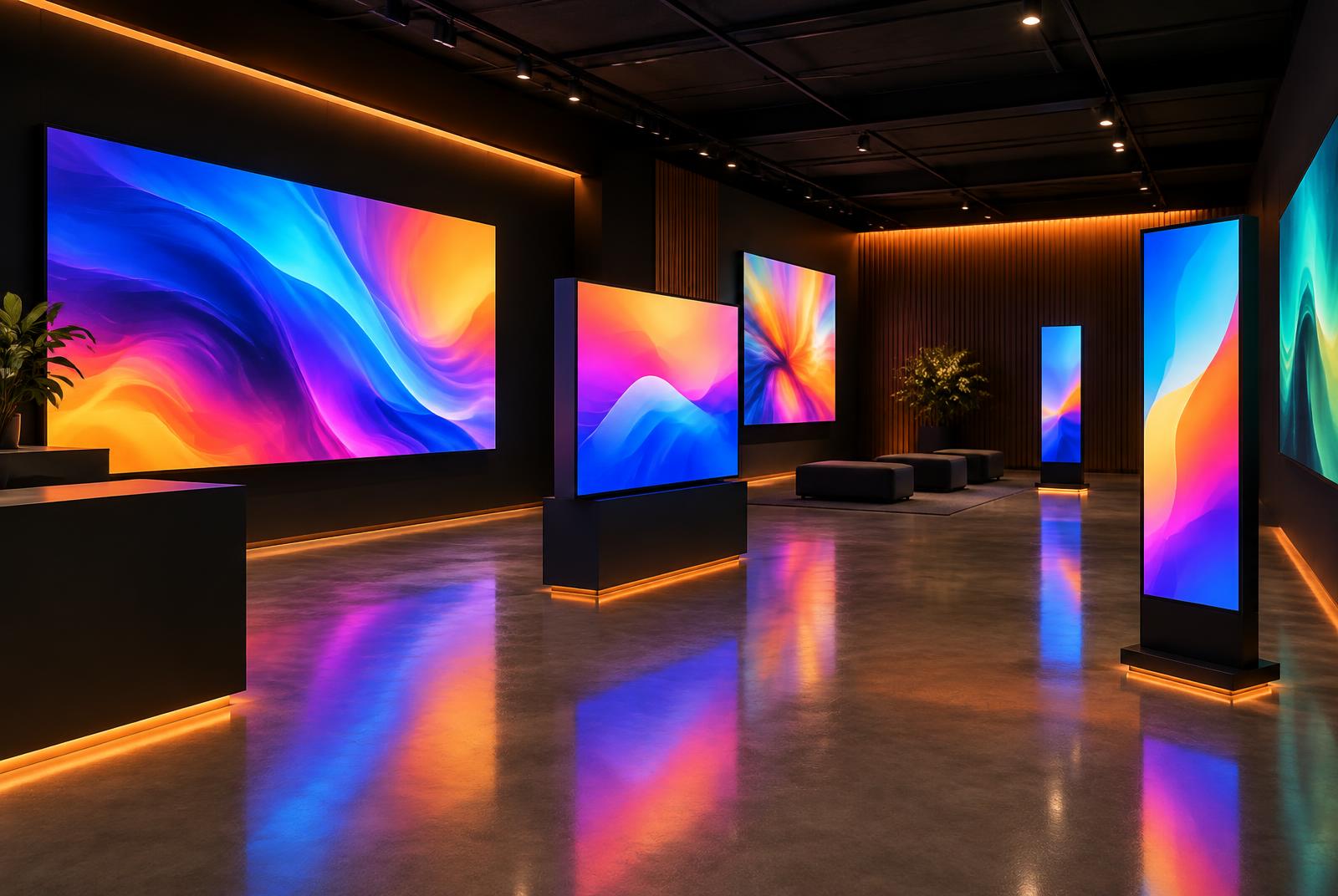 Illustration : intérieur d’un showroom avec écrans LED et totems allumés